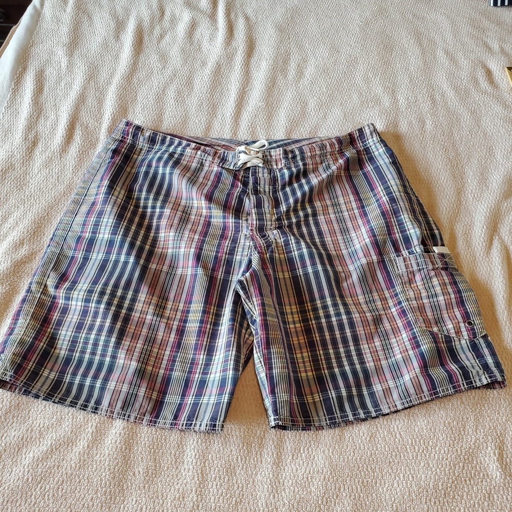 Polo Ralph Lauren Mens Plaid Board Shorts Size 36 Madras Swim Trunks Cargo Navy